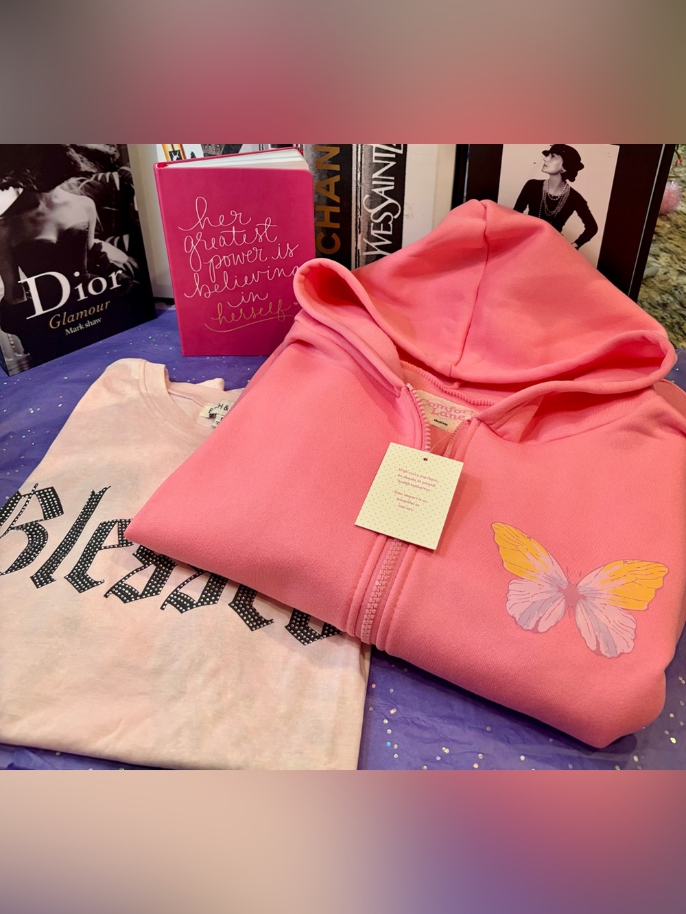 NWT COMFORT LANE Pink Butterfly Zip Hoodie/NWT ‘BLESSED’ T-Shirt Both Size M
